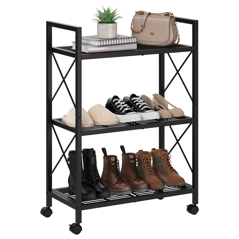 Range-chaussures compact en métal noir à 3 niveaux avec roues