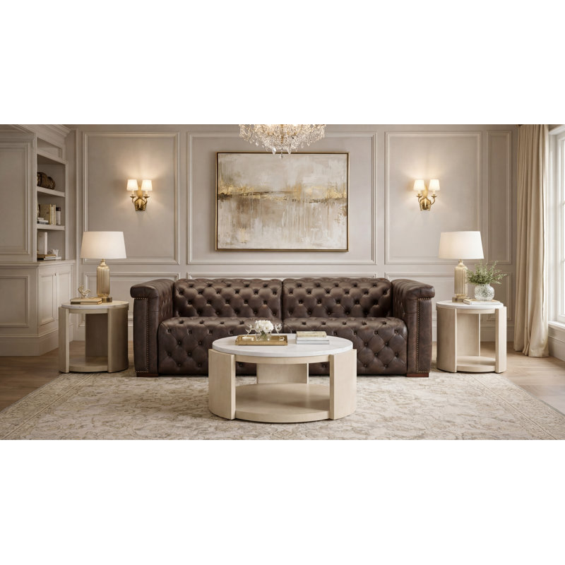 Causeuse Chesterfield SS 89,5 po en cuir véritable avec accoudoirs roulés