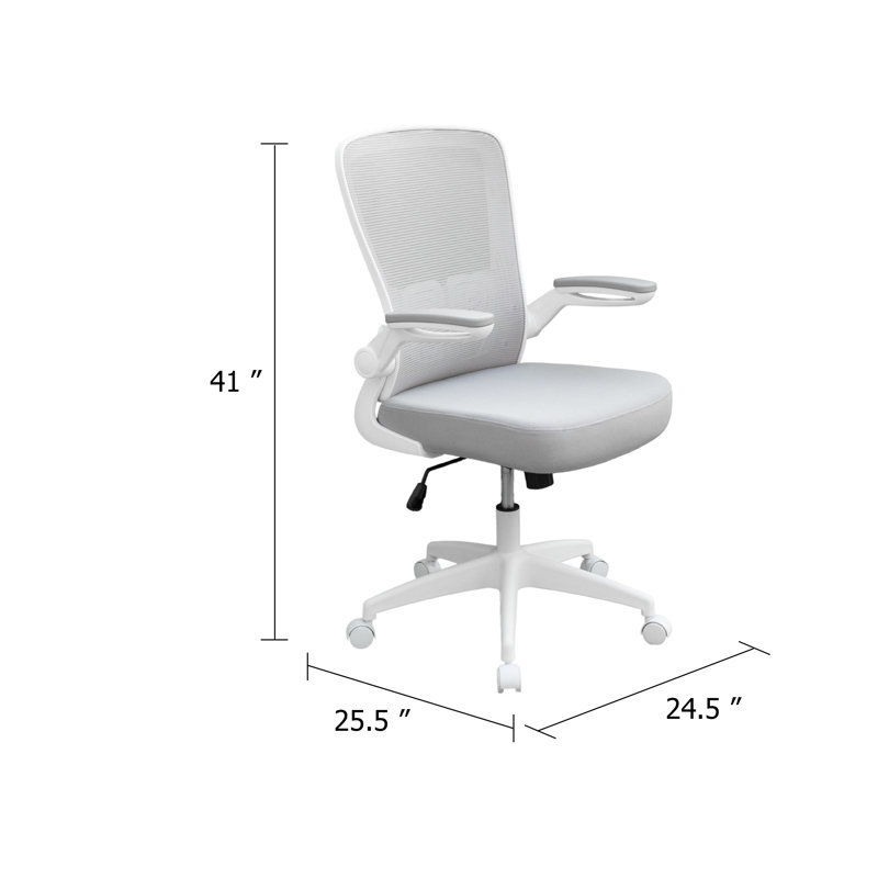 Chaise de travail roulante, filet gris, accoudoirs rabattables blancs, verrouillage vertical
