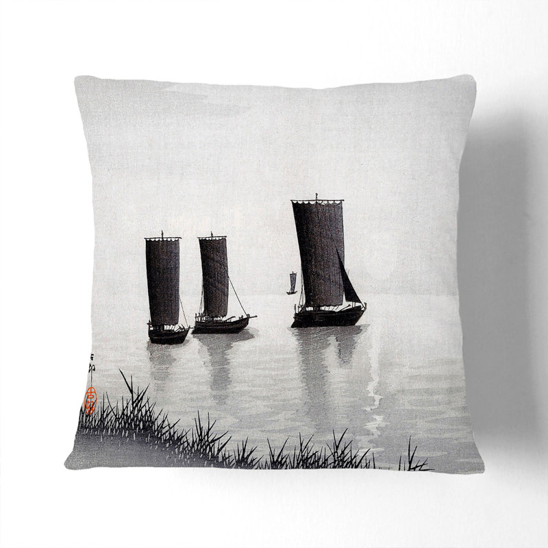 Fishing Boats by Ohara Koson Cushion with Filling, Stone, 40cm H x 40cm W x 15cm D