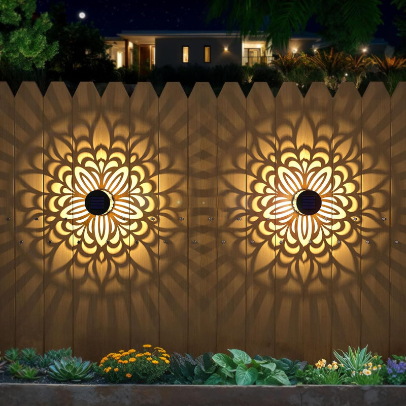 Lot de 2 lampes solaires d'extérieur en métal pour clôture et terrasse, motif mandala