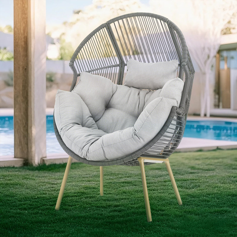 Chaise longue en osier avec coussins intérieur / extérieur Egg Chair, Beige / jaune