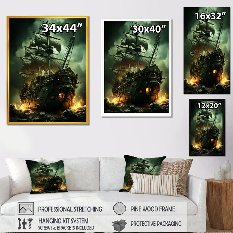 Bateau fantôme pirate 1 - Art mural pirate, Cadre flottant noir, H 32 po x l 24 po x P 1 po