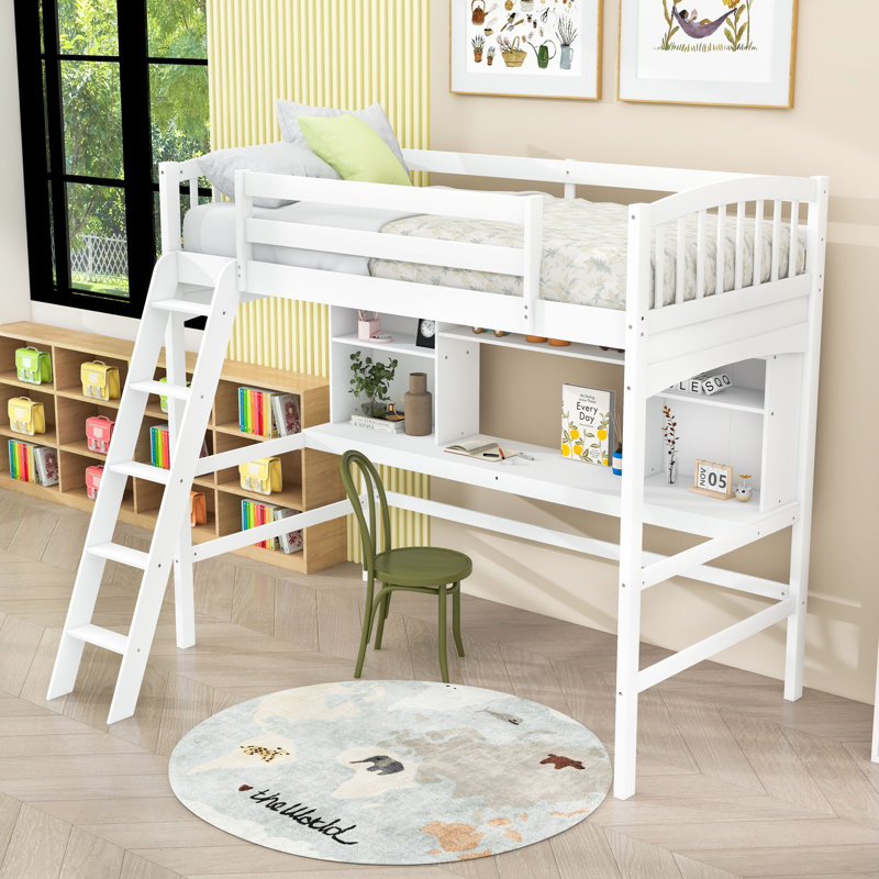 Lit mezzanine simple en bois avec tablettes, bureau, échelle et garde-corps, Blanc