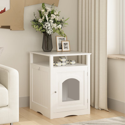 White Cat Litter Box Enclosure - Indoor Wooden House With Hidden Box, Construction, Side Hook And Functional Shelf, Modern Table For Living Room Or Bedroom Furniture Enclosure, Enclosed Cabinet, Cozy