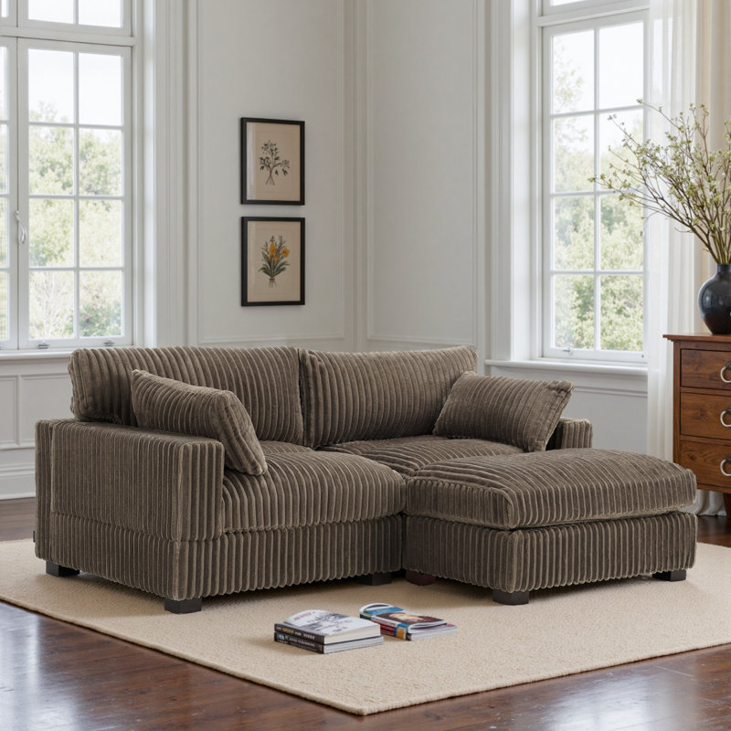 Canapé modulaire réversible 3 pièces rembourré en fausse fourrure de lapin brun clair avec repose-pieds 3 pièces