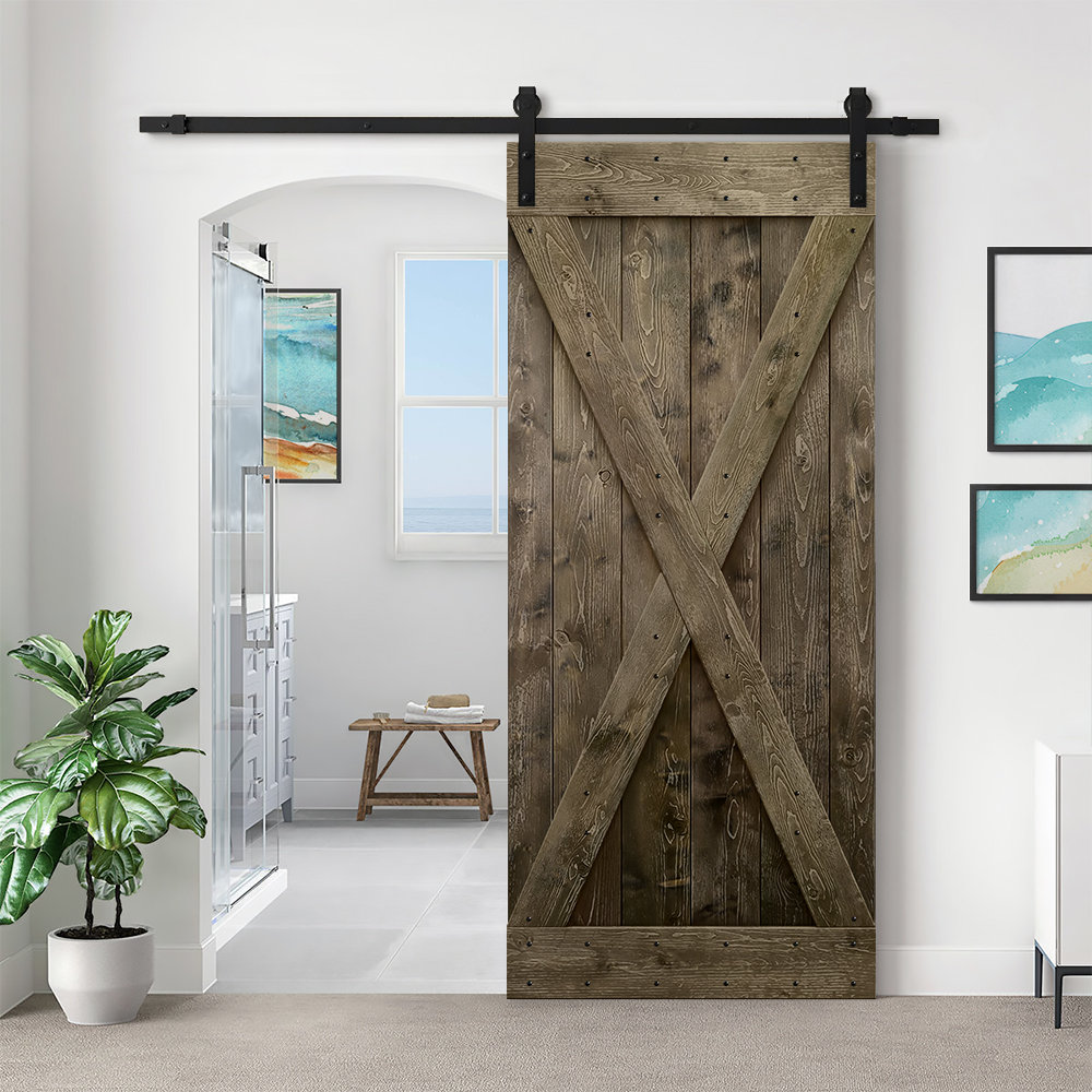 84'' Solid Wood Paneled Stained with Installation Hardware Kit Barn Door Calhome 