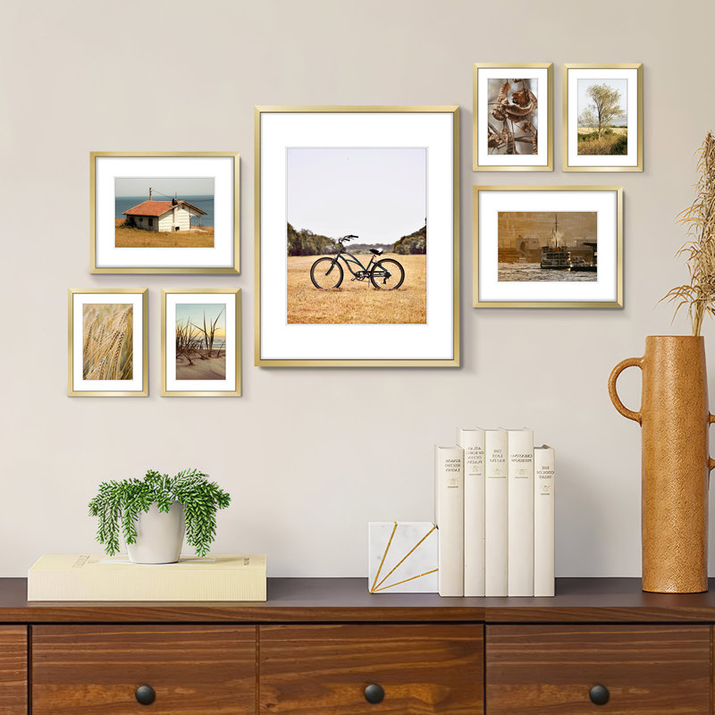 Drennon 7 Pieces Gallery Wall Frame with Glass Front, Hanging or Tabletop Display, Gold