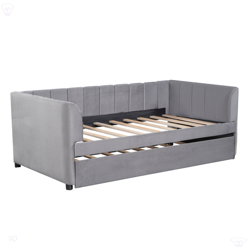 Lit de jour simple rembourré avec dossier ergonomique et lit gigogne, Gris
