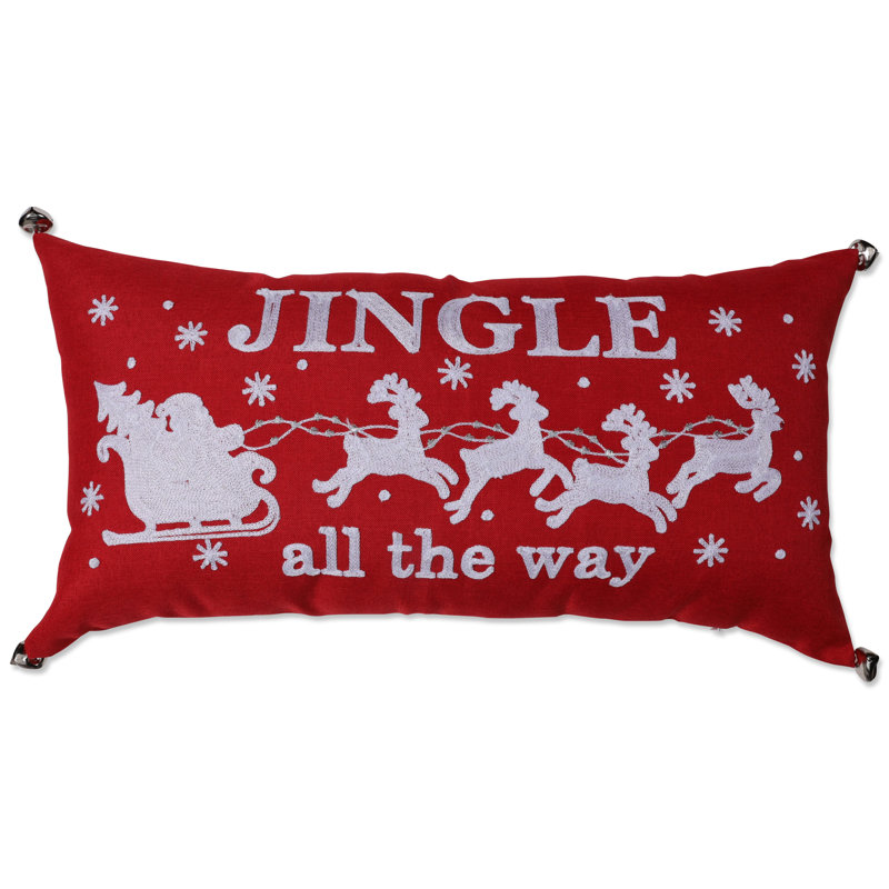 Red Embroidered Christmas Lumbar Pillow Cover with Jingle Bells