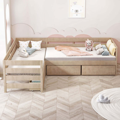 L-shaped Platform Bed with Three Storage Drawers