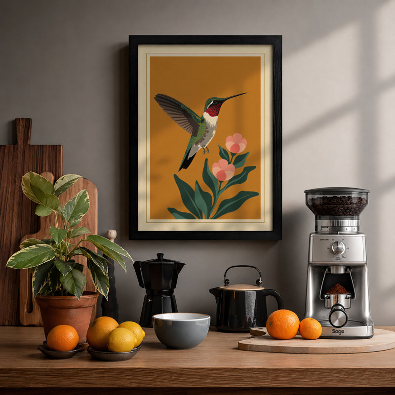 Hummingbird Among Blossoms Botanical - Print, A1 - 84.1 x 59.4 cm, Black