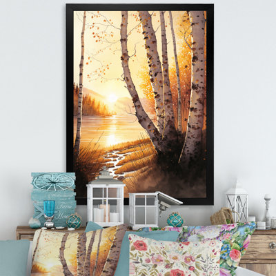 «Birch Trees pendant Golden Hour by the Lakeside I», reproduction sur toile
