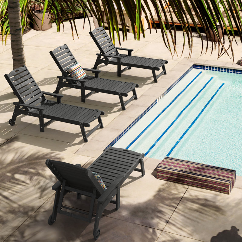 Oversized Plastic Outdoor Chaise Lounge Chair With Wheels And Adjustable Backrest, Black
