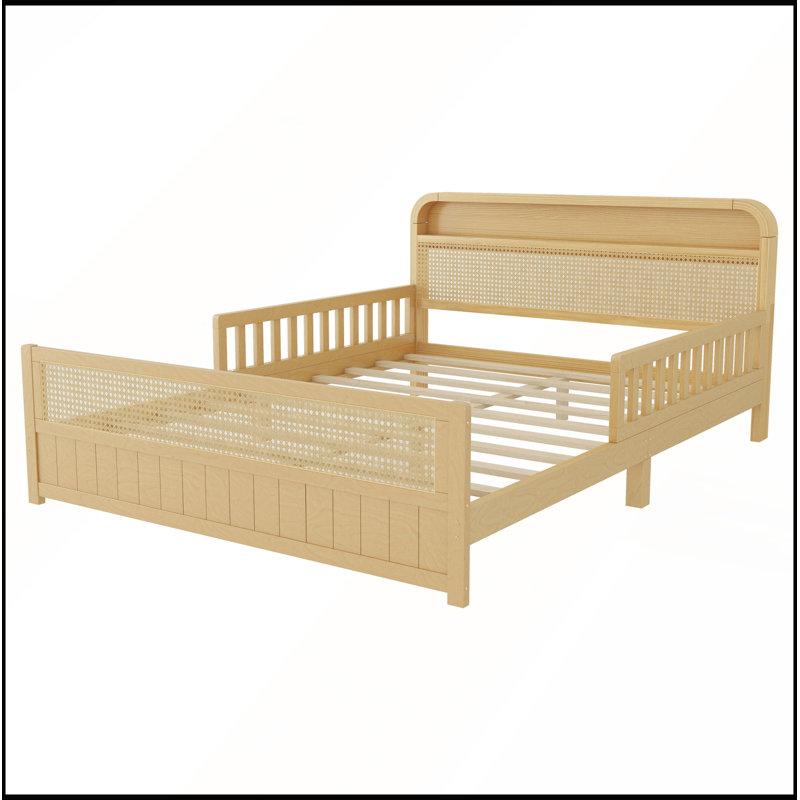 Structure de lit double en rotin avec lumières DEL et tête de lit à rangement, lit plateforme double avec barrières de sécurité pour enfants, naturel