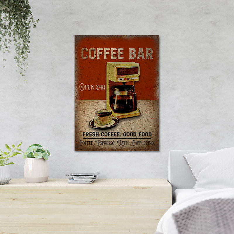 Coffeemaker - Coffee Bar Open 24 Hours Fresh Coffee Good Food - 1 Piece Rectangle Graphic Art Print On Wrapped Canvas
