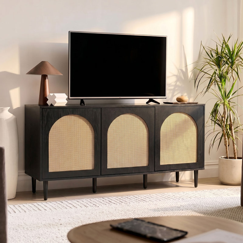 Castyn 56" W Rattan Door Sideboard with Adjustable Shelves, Black