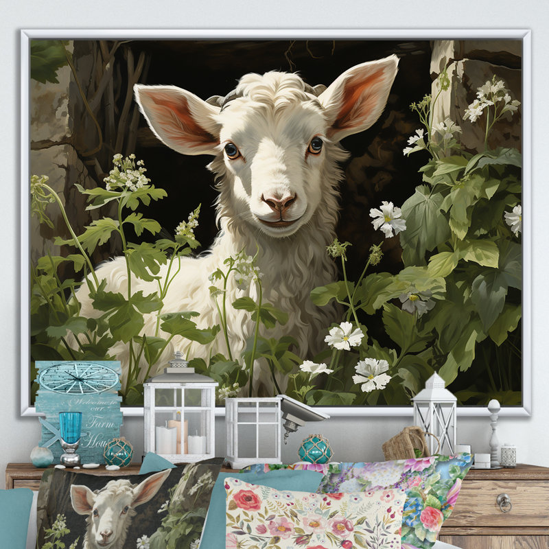 Chèvre blanche, prairie florale II - Chèvre, art mural, Cadre flottant blanc, H 34 po x l 44 po x P 1,5 po