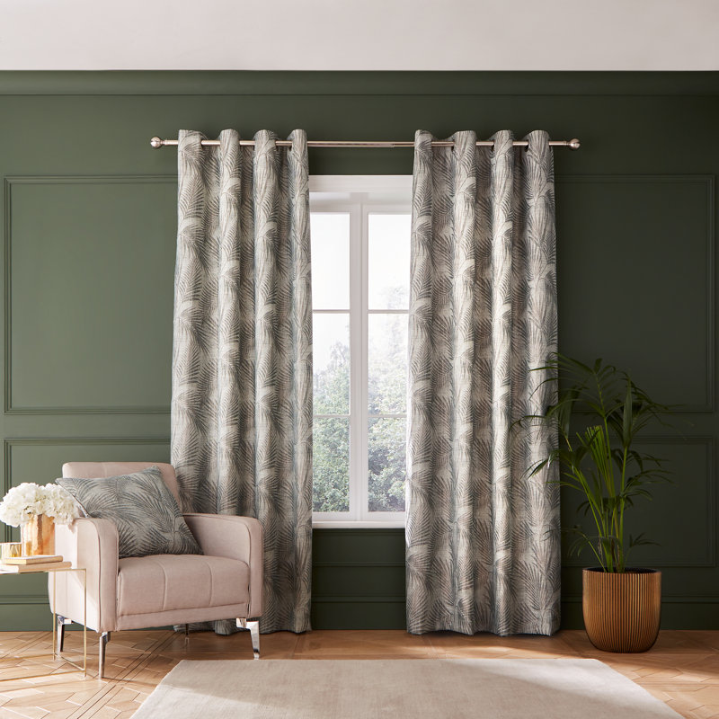 Tamra Palm Lined Eyelet Curtains Semi Sheer Curtain Pair, 90.16cm Width x 183cm Drop, Green