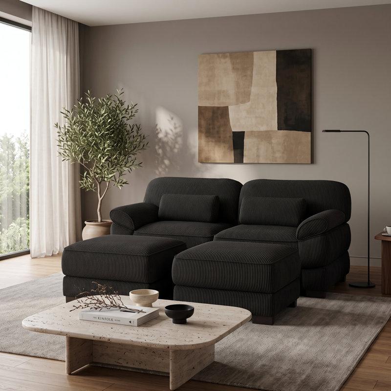 Canapé d'angle modulaire 2 places en velours côtelé noir avec 2 poufs amovibles et configuration flexible