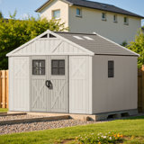 10 pi. L 10 pi. D - Remise de rangement en plastique avec plancher, remise en résine avec structure en acier renforcé, beige