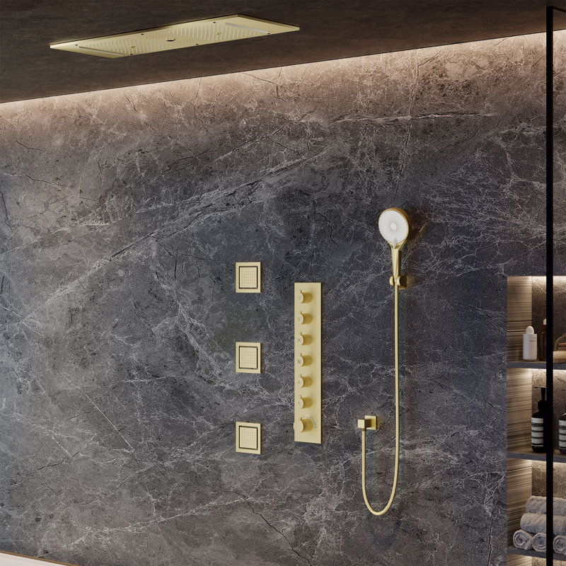 Système de douche thermostatique Bluetooth Rodeo 35 po x 12 po avec douchette à 3 fonctions et 3 jets corporels, Or brossé