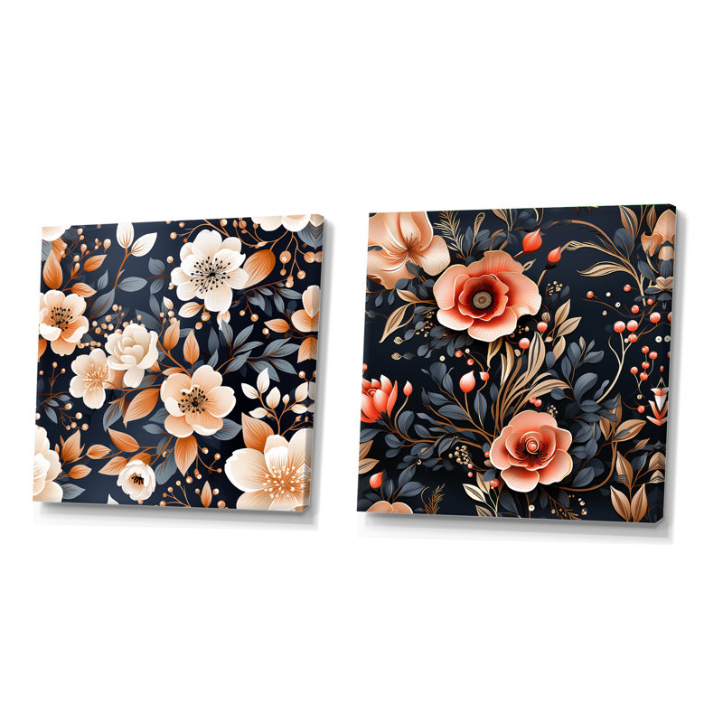 Rétro motif floral nostalgie pêche - ensemble de 2 collages floraux carrés, H 36 po x l 73 po, Toile tendue