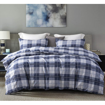 SLEEPBELLA Comforter King Size, 600 Thread Count Cotton Navy Blue & Grey Buffalo Pattern Blue Plaid Comforter Sets,Down Alternative Bedding Set 3Pcs (King, Navy Plaid)