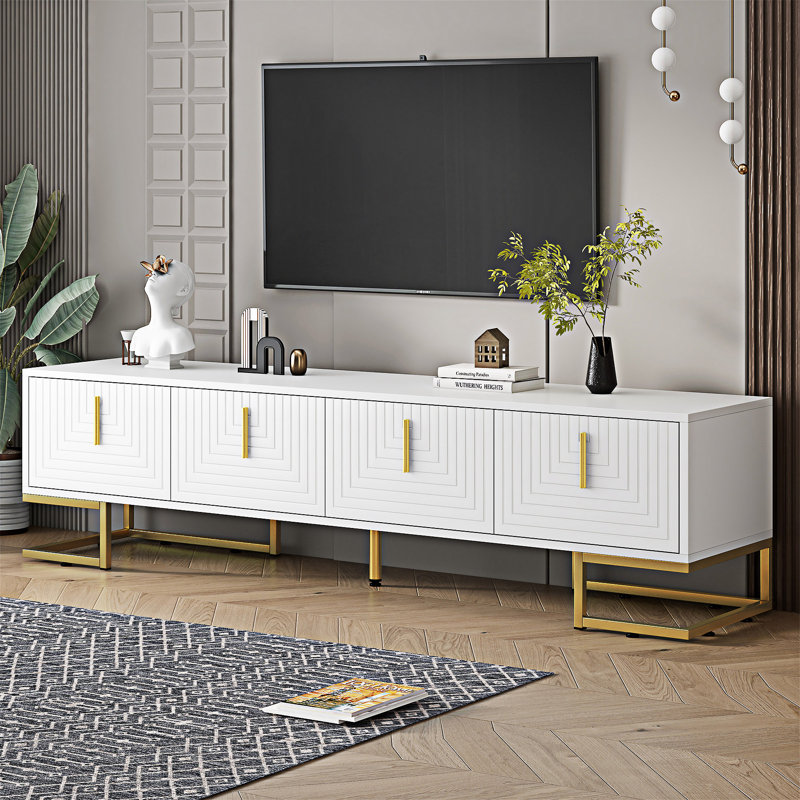 Meuble télé avec console et armoires réglables, Blanc / Doré