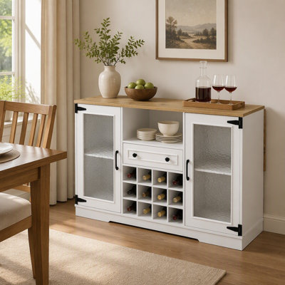 Meuble à vin de style champêtre de 79 cm de haut avec plateau rabattable en mélamine, portes en verre effet vague et éclairage DEL à commandes multiples, bois naturel et blanc, idéal pour salle à manger ou salon.