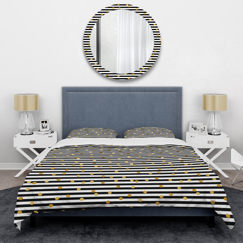 Gold Circle Dots - Abstract Duvet Cover Set - Microfiber Polyester, Queen Duvet Cover + 2 Standard Shams