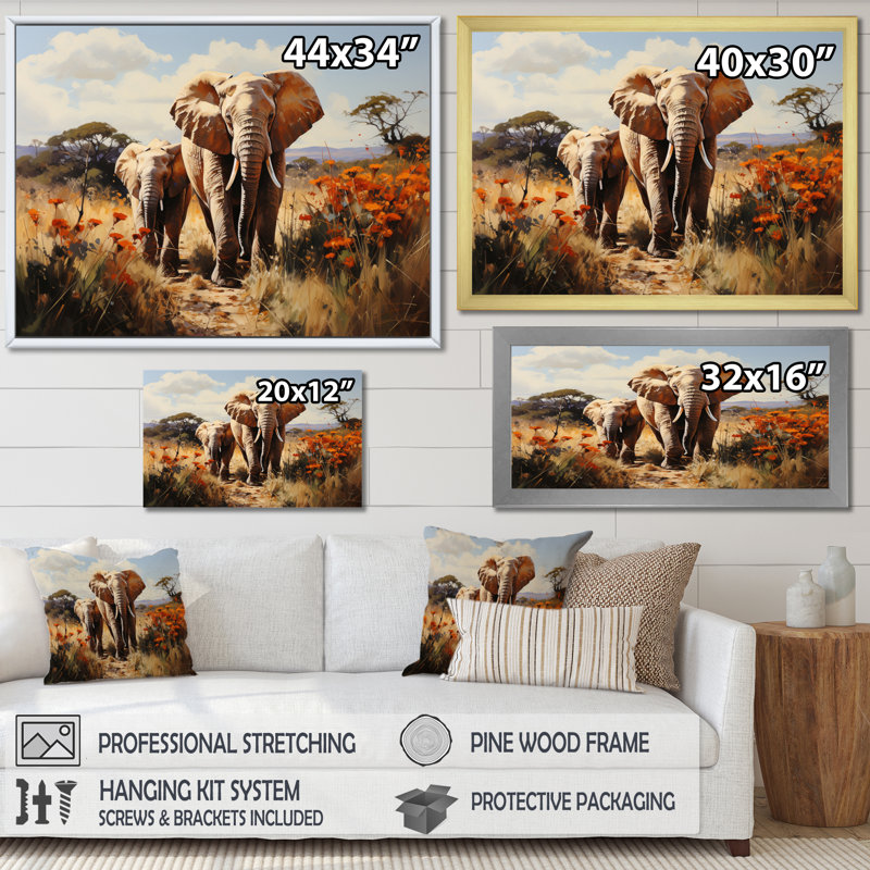 «Elephant Family Harmony», reproduction sur toile, H 30 po x l 40 po x P 1,5 po, Cadre photo noir