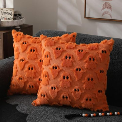 Halloween Pillow Covers 16X16 Inch Set Of 2 Orange Ghost Throw Pillow Cases Soft Plush Faux Fur Wool Couch Cushion Case For Chair Sofa Bedroom Living Room Home Décor