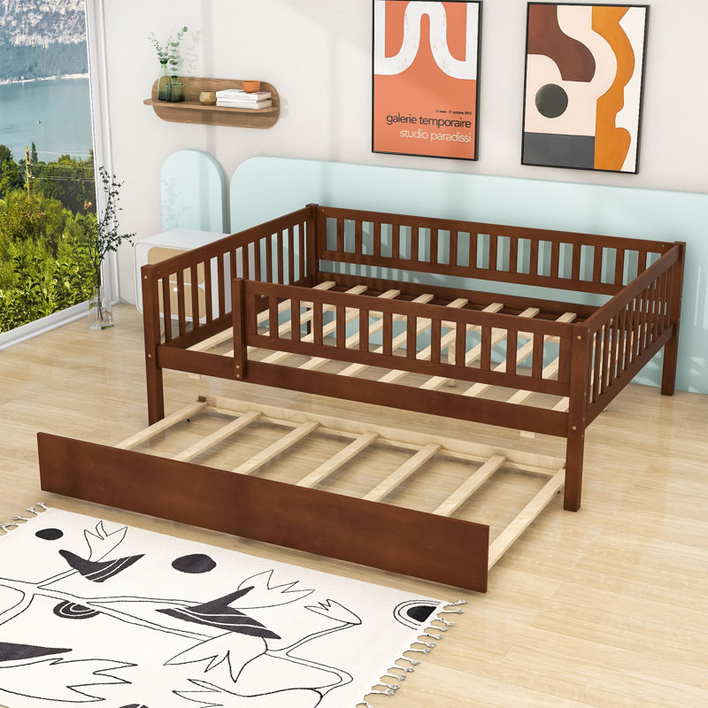 Wood Daybed with Twin Trundle and Guardrails, Full/Double, Walnut