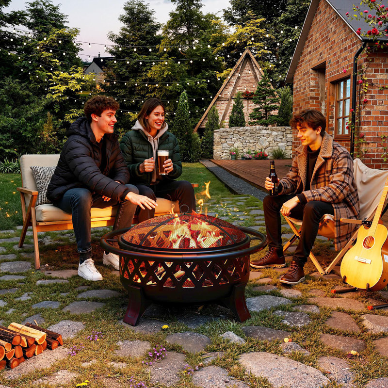 Outdoor Fire Pit with Spark Screen Cover, 37 Inch Wood Burning Fire Pit with Stoker Tool, Portable Firepits