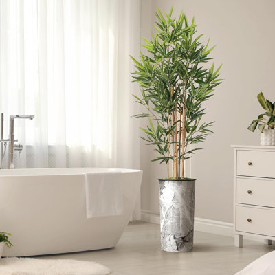 Artificial Tree in Contemporary Geometric Pattern Planter Fake Bamboo Silk Tree Plant Pot Plus Tree