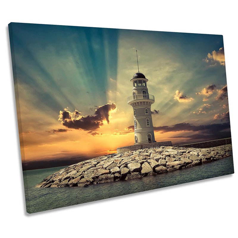 Lighthouse Sunset Seascape Framed - Wrapped Canvas Print, 40.6cm H x 61cm W x 2cm D