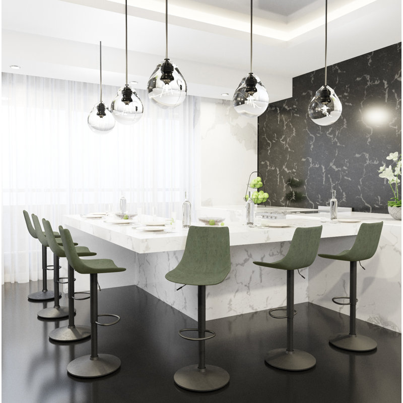 Adjustable Green Upholstered Swivel Bar Stools with Metal Base