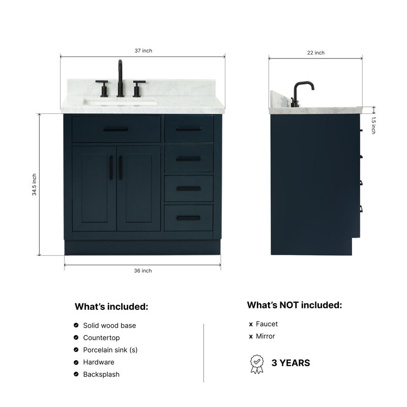 ARIEL HEPBURN 37 IN RIGHT OFFSET RECTANGULAR SINK VANITY 1,5 IN, Midnight Blue, Rectangular, Left