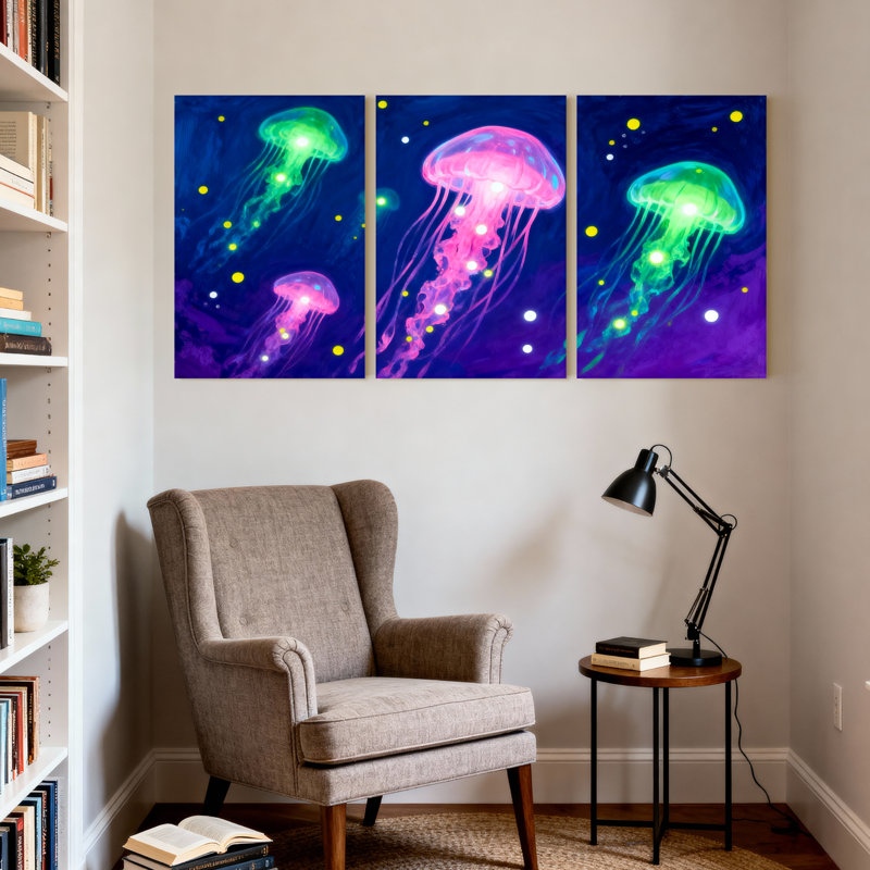 Ensemble de 3 impressions sur toile, "Nautical & Beach Glowing Jellyfish In Deep Ocean Night", H 18 po x l 36 po