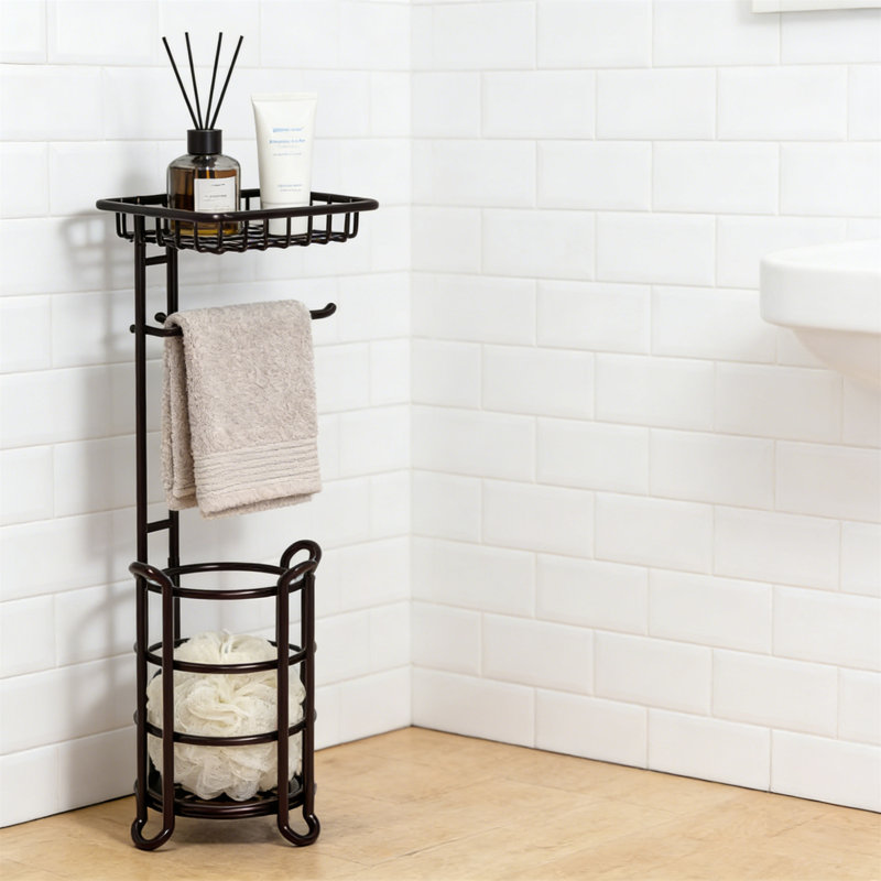 Toilet Paper Holder Stand With Shelf For Storage, Holds Reserve Rolls, Bronze Finish