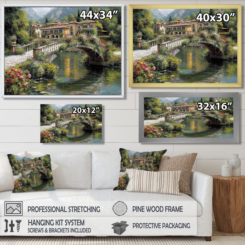 Poétique fleur pont sur Calm Town River, H 30 po x l 40 po x P 1,5 po, Toile tendue