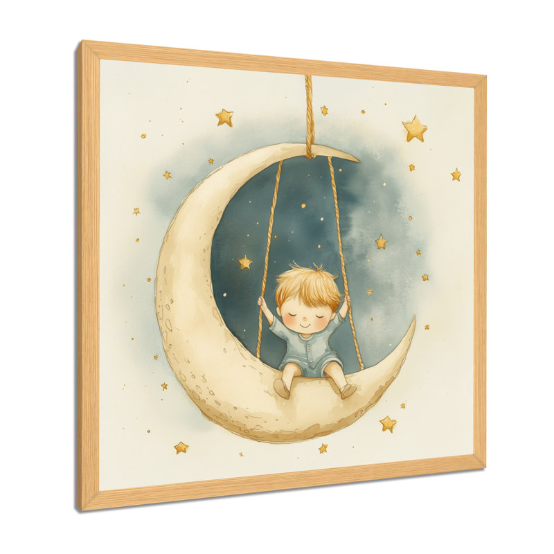 Garçon se balançant sur la lune - Tableau encadré pour enfants, 30" H x 30" W, Cadre naturel