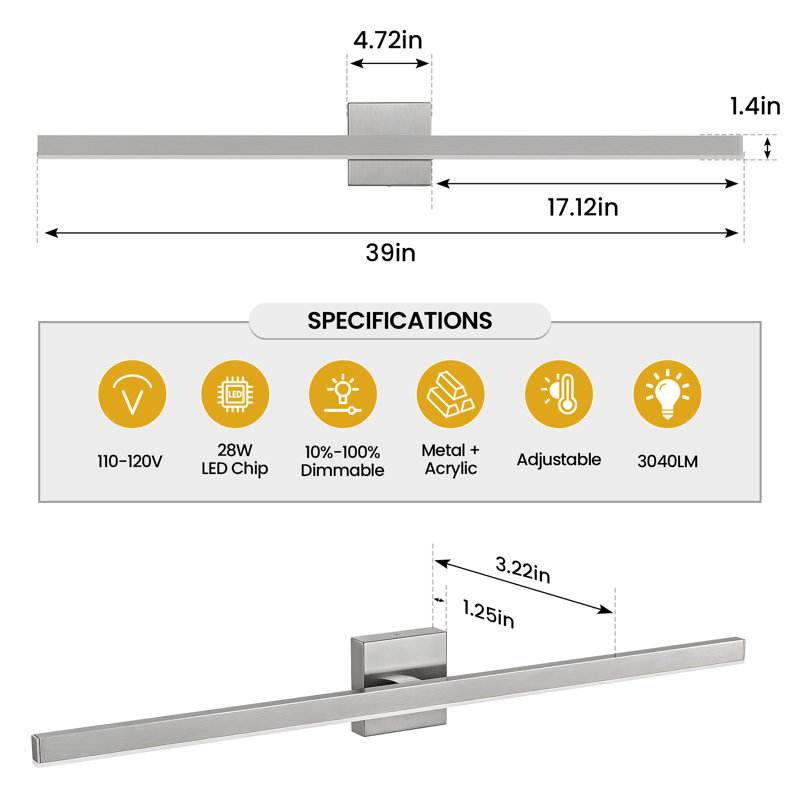 39-Inch 5CCT Dimmable Bathroom Vanity Light, Silver