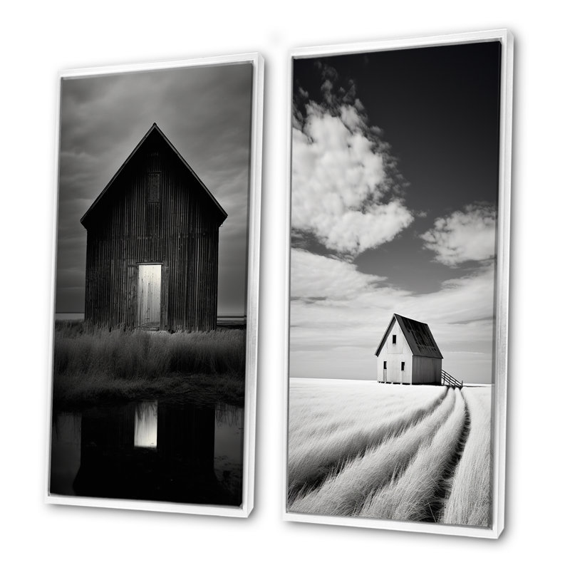 Ensemble de 2 décorations murales grange noire et blanche, Cadre blanc, H 40 po x l 41 po