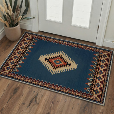 Southwestern Tribal Medallion Machine Washable Blue / Beige / Red 3' x 5' Doormat with Non-Slip Backing