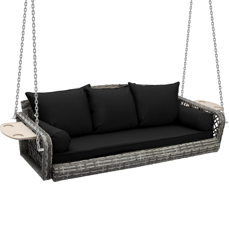 Balancelle d'extérieur en rotin pour 3 personnes avec coussin et oreiller, Noir