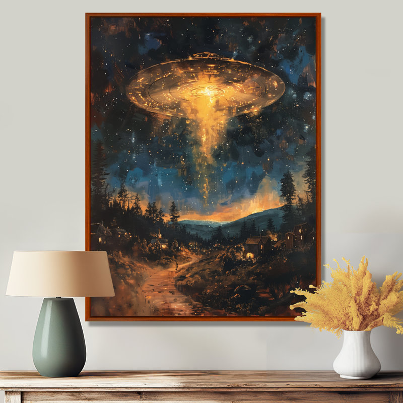 Jaune jaune bleu ciel visiteur Ufos - décoration murale Ufos, H 20 po x l 12 po x P 1 po, Cadre flottant brun, bois massif