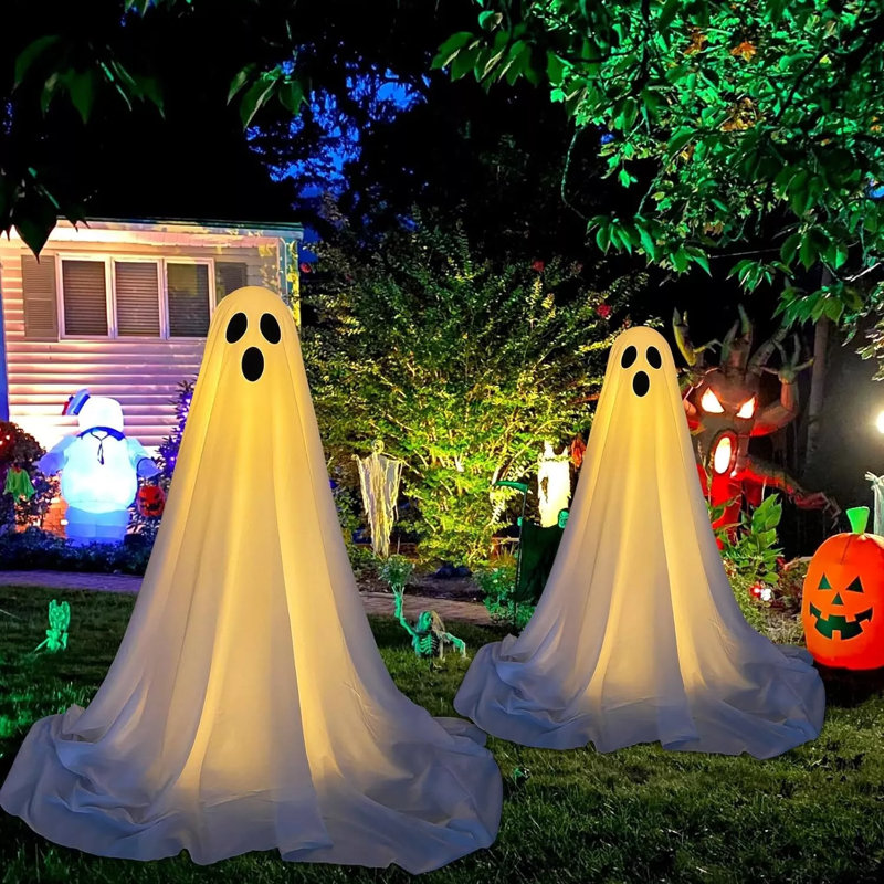 Ensemble de 2 vérandas d'Halloween décoratives fantômes d'extérieur avec guirlande lumineuse