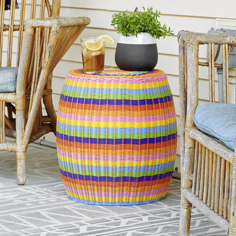  Baudette Handwoven Resin Barrel Side Table, Organe/Purple/Blue/Green